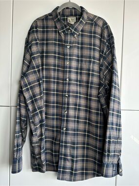 L.L. Bean Men’s Flannel Button Front Shirt Blue Tan XXL Warm Outdoors Utility